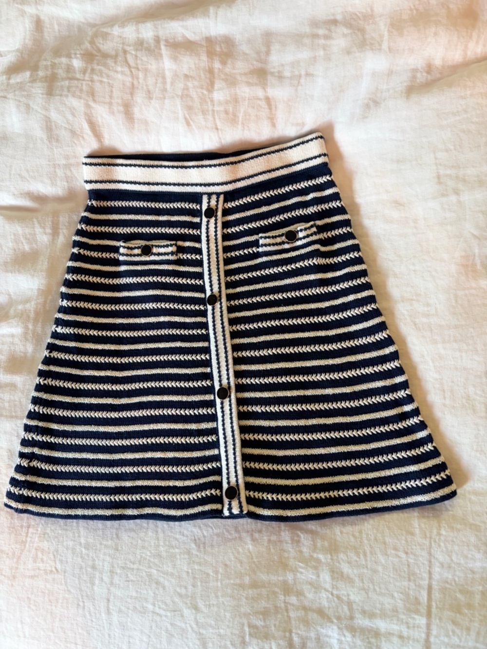 Self Portrait Striped Knit A-Line Skirt - Navy & White